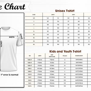 May include: A white t-shirt with size chart details, including measurements for length, width, and sleeve. The chart provides sizes for unisex and kids' t-shirts, with measurements in inches and centimeters. The text "Size Chart" is at the top.