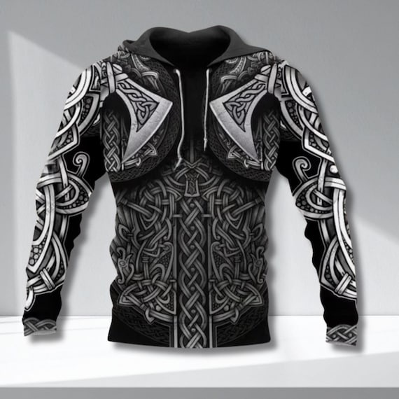 Viking Armor Hoodie Norse Celtic Knot Warrior Zip Up Sweatshirt 3D All Over Print Black Grey Hoodie Cosplay LARP Gift For Him Her Fans