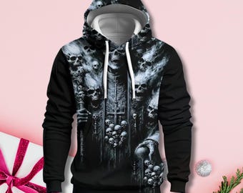 Mörk Grim Reaper Skull Hoodie - Gotisk Unisex Streetwear