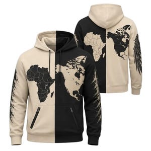 May include: A split-color hoodie featuring a beige and black design. The front and back display a world map graphic with Africa on the beige side and North America on the black side. The sleeves feature black wing-like patterns on the beige sections.