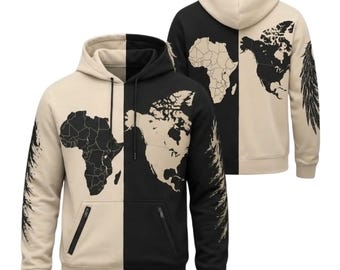 Africa North America Map Hoodie, Black Beige Split Pullover, Afro Diaspora Travel Sweatshirt, Stylish Heritage Gift for Men and Women