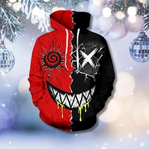 Creepy Split Face Hoodie - Röd Svart Grafik, Skräck Streetwear