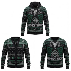 May include: A black zip-up hoodie, a button-up cardigan, and a crewneck sweatshirt, all featuring a dark green and white pattern with ram skulls, snakes, crystal balls, snowflakes, and the text MIDNIGHT MAGIC printed across the chest area.