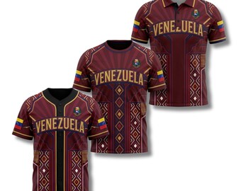 May include: Three maroon shirts with the word "VENEZUELA" across the chest. The shirts have a geometric design and the Venezuelan flag on the sleeves. One is a baseball jersey, one is a polo, and one is a crew neck.