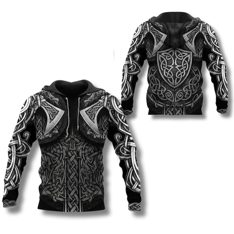 Viking Armor Hoodie Norse Celtic Knot Warrior Zip Up Sweatshirt 3D All Over Print Black Grey Hoodie Cosplay LARP Gift For Him Her Fans Style 2