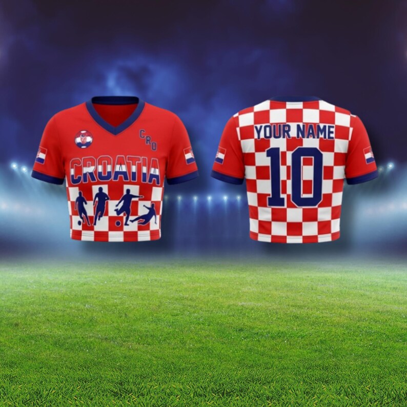 May include: A red and white Croatia football shirt with a V-neck and blue trim. The front displays "CROATIA" and a soccer graphic. The back has a checkered pattern, the number 10, and space for a name.