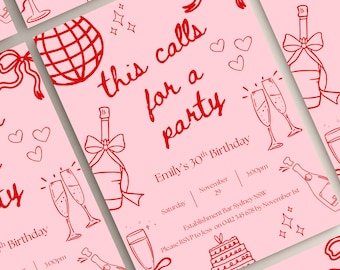 Pink & Red Cocktail 30th Birthday Invitation: Customizable Canva Template