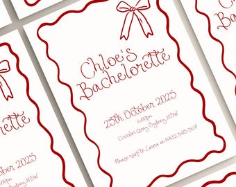 Wavy Ribbon Bachelorette Party Invitation: Pink Bow Canva Template (Digital Download)