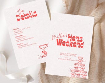 May include: Two white cards with red text. One card reads "The Details" and lists a weekend itinerary. The other card says "Millie's Hens Weekend" with event details and RSVP information. A champagne tower graphic is visible.