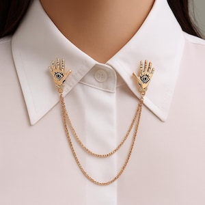 Mystic Hand Collar Pin: Eye of Protection, Dual Chain Brooch