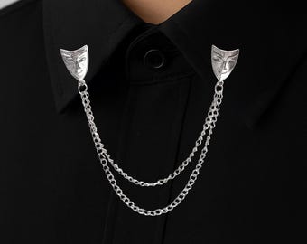 Theatre Mask Collar Chain Pin, Double Chain Lapel Brooch