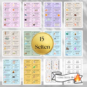 May include: A set of date night idea tickets featuring activities like karaoke, cooking, and mini-golf. The tickets are in various colours and have a gold circle with the text "15 Seiten".