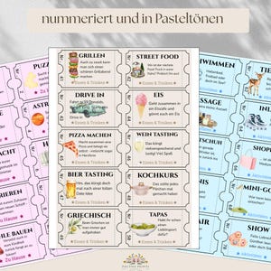 May include: A set of three printable sheets featuring numbered activity coupons in pastel colours. Each coupon includes a title, a small illustration, and German text describing an activity, such as grilling, street food, pizza making, or wine tasting.