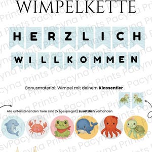 May include: A classroom decoration set with the German text "Wimpelkette" and "Herzlich Willkommen" on banner flags. Includes illustrations of sea creatures like a dolphin, crab, frog, whale, octopus, and turtle. The set also includes pencils.