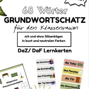 Puede incluir: Un póster educativo blanco con el título "68 Palabras Vocabulario para el aula". Incluye tarjetas didácticas con objetos del aula y vocabulario alemán. El póster también presenta el texto "XXL PAKET" y "70 Seiten".