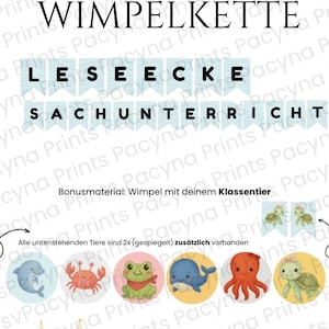 Pennant chain &quot;Sachunterricht + Leseecke&quot; blue sea creatures elementary school enrollment classroom decoration whale octopus crab dolphin turtle frog