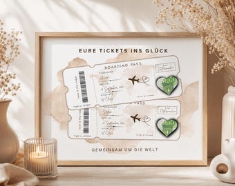 Biglietti aerei digitali, carte d'imbarco con nomi, viaggio verso la felicità, coppia di sposi, idea regalo in denaro, matrimonio, download digitale, regalo di luna di miele, PDF di viaggio