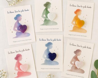 Lucky Stone Pregnancy • Protective Stone Gift for Expectant Mothers • Crystal Heart Stone Card • Pregnancy Gift Baby Bump Set