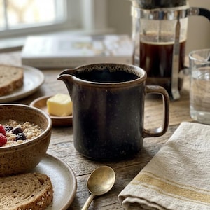 May include: A dark brown ceramic creamer pitcher with a speckled finish and a handle, positioned on a wooden surface next to a bowl of oatmeal, a slice of bread, a brass spoon, a glass of water, and a glass French press coffee maker.