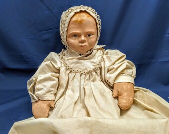 Antique BABY DOLL ~ COMPOSITION Head ~ Cloth Body ~ 15" Tall ~ Dressed in Long Christening Dress & Bonnet w/Tatted Trim