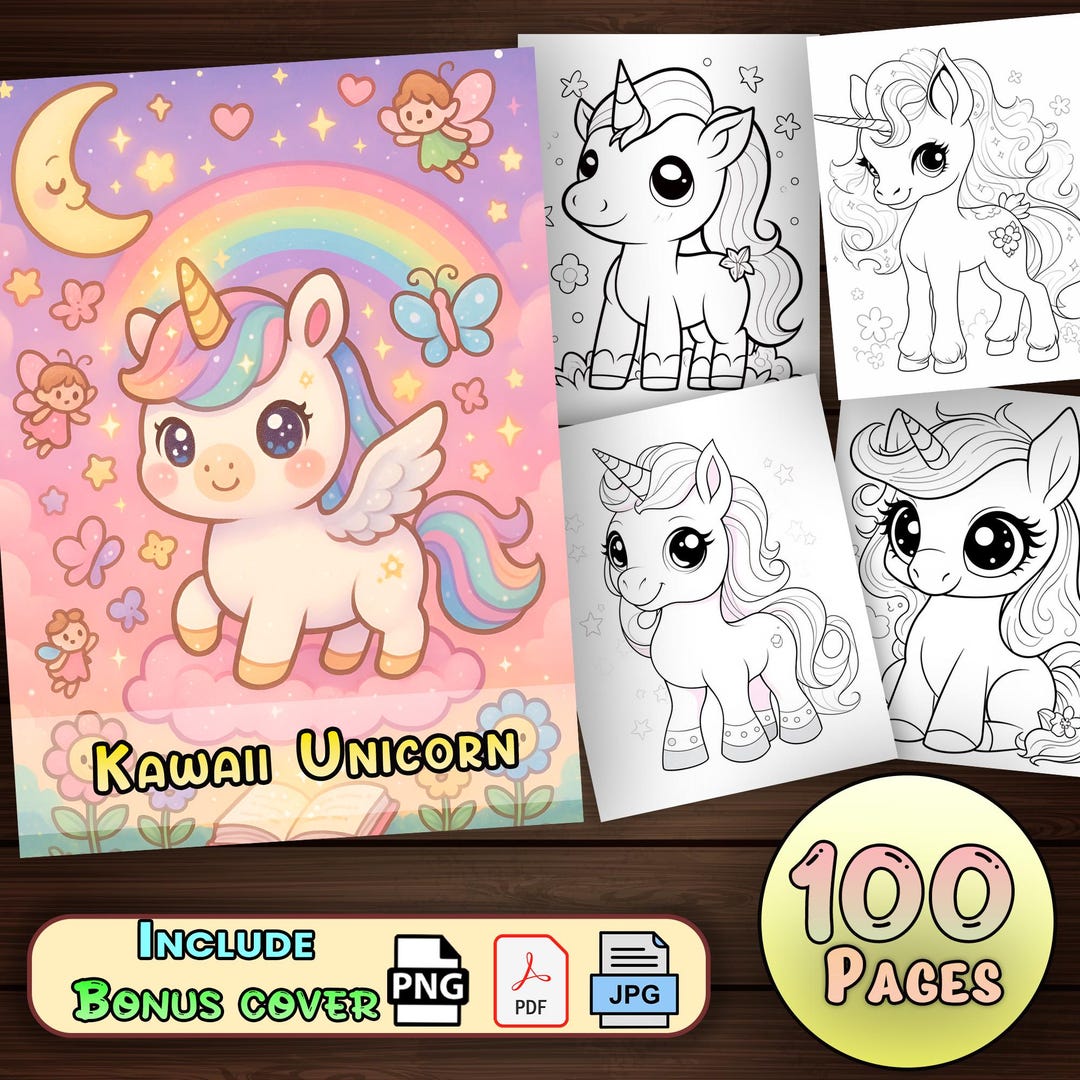 Cute Kawaii Unicorn Coloring Pages - (100 Pages) With Book Cover ...