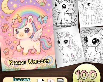 Cute Kawaii Unicorn  Coloring Pages - (100 Pages) With Book Cover | Digital Download With Rainbow Unicorn Theme |Printable PDf for Kids