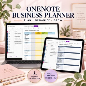 Può includere: Un pianificatore aziendale OneNote visualizzato su uno schermo di laptop e tablet. L'interfaccia mostra modelli di budget di marketing e piano strategico. Include un taccuino rosa, una penna e icone per il download istantaneo.