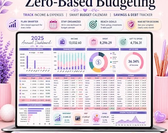 Annual Zero Based Budget Spreadsheet for Google Sheets & Excel - Monthly Income, Expenses, Savings, Debt Payments and Yearly Overview