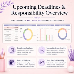 May include: A digital dashboard titled Upcoming Deadlines & Responsibility Overview with a task list, donut charts, and bar graphs. It includes sections for tracking deadlines, responsible persons, time left indicators, and team workload visibility.