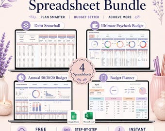 Time-Saving Spreadsheet Bundle | Spreadsheet Templates in Excel & Google Sheets - 50 30 20 Budget Debt Snowball and Paycheck Planner