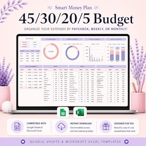 May include: A digital budget spreadsheet template displayed on a laptop screen, titled Smart Money Plan 45/30/20/5 Budget. The interface features tables for income distribution, cash flow, needs, wants, and savings, with Google Sheets and Excel icons.