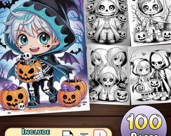 Disegni da colorare di scheletri di Halloween - (100 pagine) con copertina del libro / Download digitale di coppia scheletrica di Halloween in formato PDF stampabile per bambini