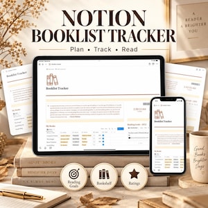 Pode incluir: Um rastreador digital de lista de livros Notion exibido na tela de um tablet e smartphone. A interface apresenta um esquema de cores marrom e creme com seções para metas de leitura, estante de livros e classificações.