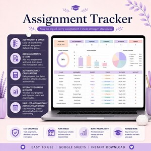 Op de afbeelding: Een digitale opdrachten-tracker weergegeven op een laptopscherm, met een dashboard met voortgangsgrafieken, een takenlijst en statusindicatoren. De interface bevat tekstlabels zoals Assignment Tracker, Overall Progress en Status Overview.