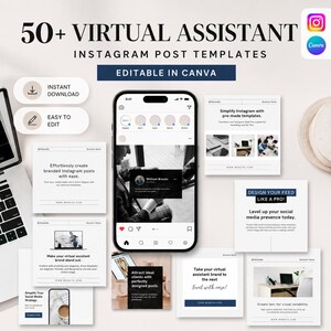 May include: A digital product set featuring 50+ Virtual Assistant Instagram post templates editable in Canva. The display includes a smartphone showing an Instagram interface surrounded by various square social media graphic design layouts.