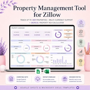 May include: A digital property management tool for Zillow displayed on a laptop screen, featuring a dashboard with revenue, expense, and profit data. The interface includes charts, tables, and a property ROI calculator, compatible with Google Sheets and Excel.