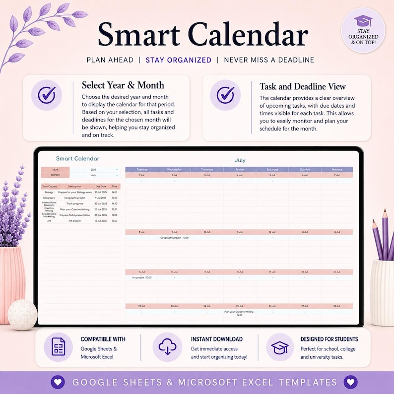 Assignment Tracker Spreadsheet - Google Sheets Excel Student Planner | Homework Exam Project Deadline Calendar Fully Automated image 4