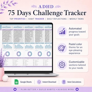 ADHD 75 Day Habit Tracker -  Google Sheets Weekly Planner, Time Blocking Routine and Streak Builder, Fully Automated