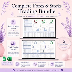以下が含まれることがあります： 2台のノートパソコンにForexと株式のトレーディングジャーナル、データ表、グラフが表示されたデジタルバンドル。ラベンダー色の花柄のアクセント、Complete Forex & Stocks Trading Bundleというテキスト、Google SheetsとExcelのアイコンが含まれています。