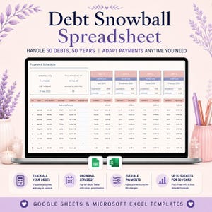 May include: A digital debt snowball spreadsheet displayed on a laptop screen, featuring a payment schedule with columns for debt, interest, and balance. The interface includes text stating: Debt Snowball Spreadsheet, Handle 50 Debts, 50 Years, Adapt Payments Anytime You Need, Google Sheets & Microsoft Excel Templates.