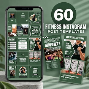 Puede incluir: Una pantalla digital de 60 plantillas de publicaciones de Instagram sobre fitness con fondos verde oscuro, texto blanco y varias imágenes de ejercicios. Las plantillas incluyen frases como Fitness Sports, Become Stronger, Giveaway y Take Your Body To The Next Level.