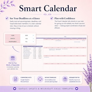 May include: A digital Smart Calendar template for Google Sheets and Microsoft Excel. The interface features a monthly view for July 2025, a task list with due dates and responsible parties, and filter options by year, month, or person in a purple theme.