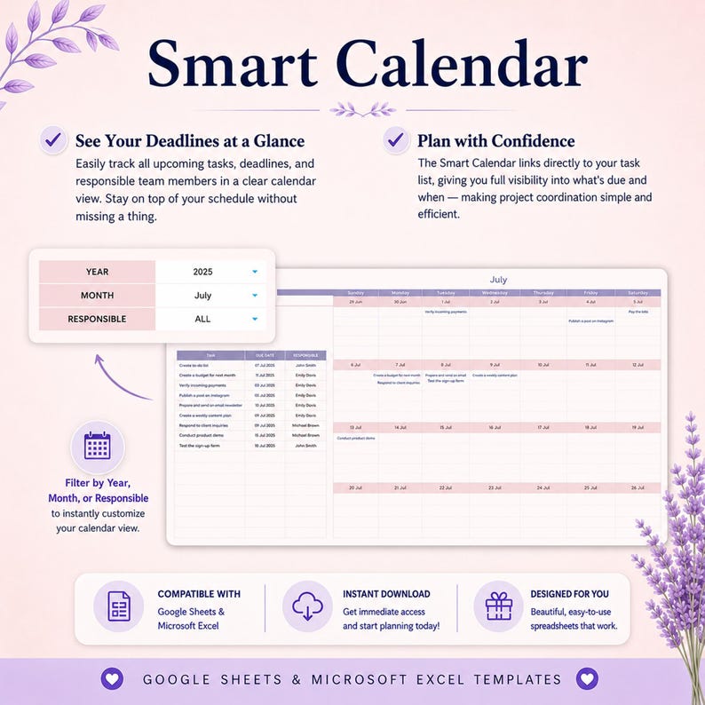May include: A digital Smart Calendar template for Google Sheets and Microsoft Excel. The interface features a monthly view for July 2025, a task list with due dates and responsible parties, and filter options by year, month, or person in a purple theme.