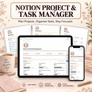 May include: A digital Notion project and task manager template displayed on a tablet and smartphone screen. The interface features a project management dashboard with sections for projects, tasks, and topics, including text labels and progress bars.