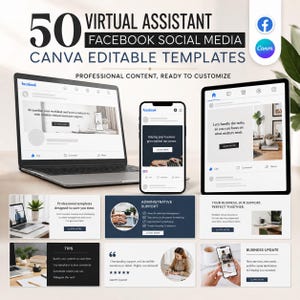 May include: A digital product set featuring 50 virtual assistant Facebook social media Canva editable templates. The display shows a laptop, smartphone, and tablet screen with various professional layouts, text, and graphics for business content.