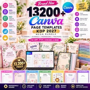 Op de afbeelding: Een digitaal productpakket met meer dan 13.200 Canva-paginasjablonen voor KDP 2027. De weergave bevat diverse planners, dagboeken, werkboeken en trackers met bloem- en grafische ontwerpen, naast tekstlabels voor categorieën zoals zelfzorg, ADHD, budget, plantenverzorging en recepten.