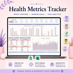 Health Metrics Tracker Spreadsheet Template for Google Sheets & Excel - Mood Sleep Symptoms Self Care and Wellness Dashboard Fully Automated