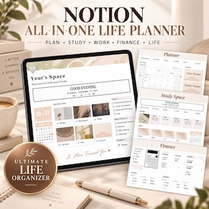 May include: A digital Notion all-in-one life planner displayed on a tablet screen, featuring sections for study, work, finance, and life. The interface includes a calendar, daily priority lists, and goal trackers in a neutral beige color palette.