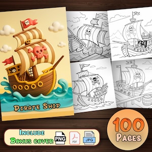 Cute Pirate Ship Coloring pages  - (100 Pages) With Book Cover | Digital Download Pirate Ship with Sea waves Printable PDF for Kids