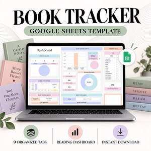Könnte beinhalten: Eine Google Sheets Buch-Tracker-Vorlage auf einem Laptop-Bildschirm, die ein Dashboard mit Lesestatus-Diagrammen, Fortschrittskreisen und Zielverfolgung zeigt. Das Bild enthält Stapel von pastellfarbenen Büchern sowie Symbole für Tabs, Dashboard und Download.